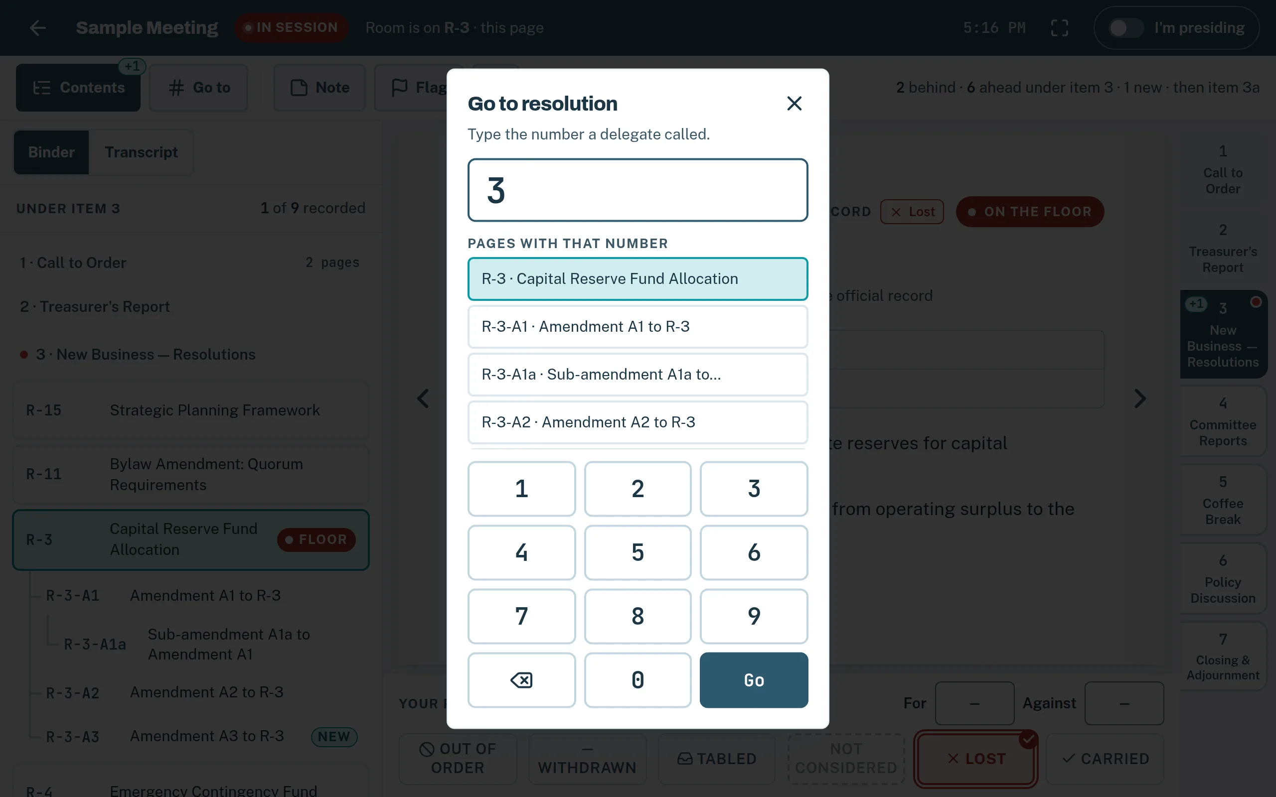 The Go to number pad with 3 typed and the matching pages listed.