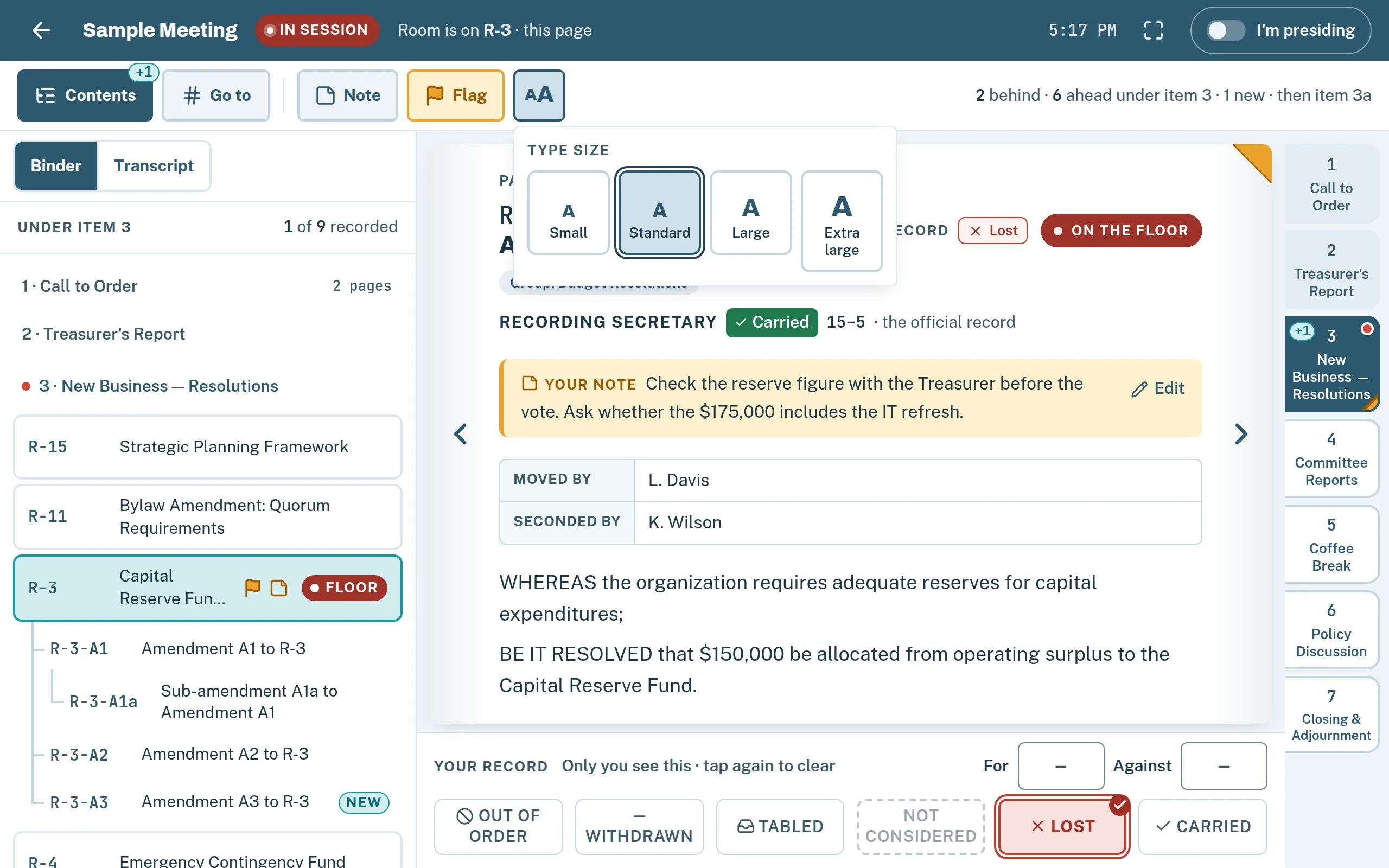 The type size menu open on the AA button, with four sizes from Small to Extra large.